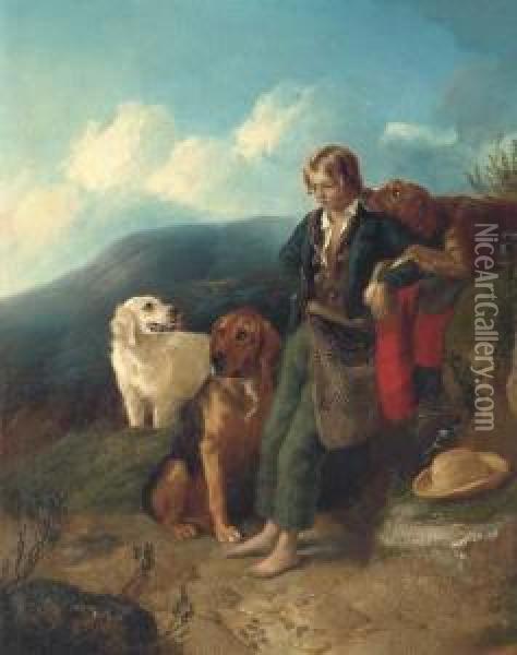 A Young Ghillie With His Dogs Oil Painting - George W. Horlor