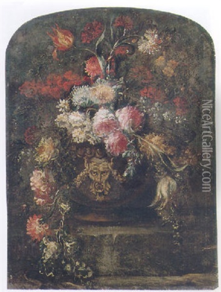 Still Life Of Flowers In A Stone Urn Upon A Ledge Oil Painting - Margherita Caffi