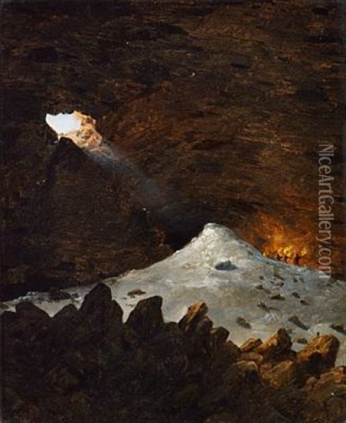 Light Coming Through A Mountain Wall To A Cave Oil Painting - August (Poul A.) Plum