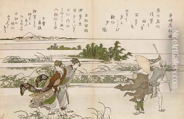 Women Struggling in the Wind Oil Painting - Katsushika Hokusai