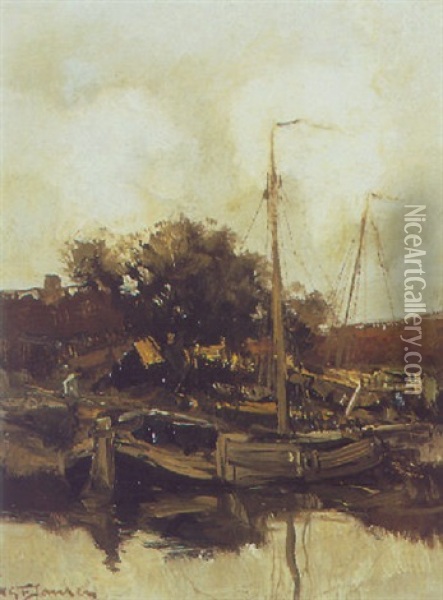 Moored Boats Oil Painting - Willem George Frederik Jansen