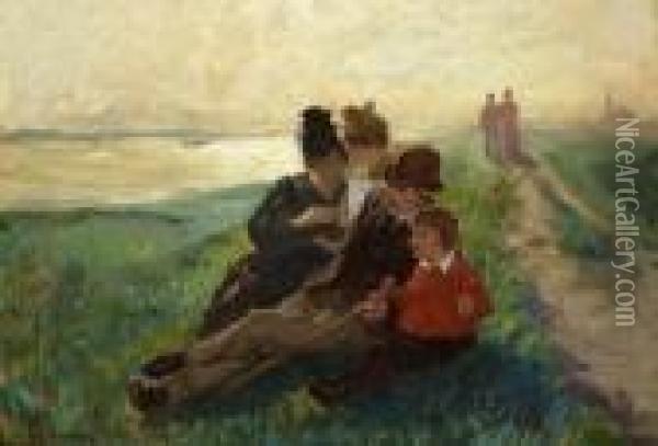 Rastende Familie Auf Dem Deich Am
 Flussufer. Oil Painting - Arthur Kampf