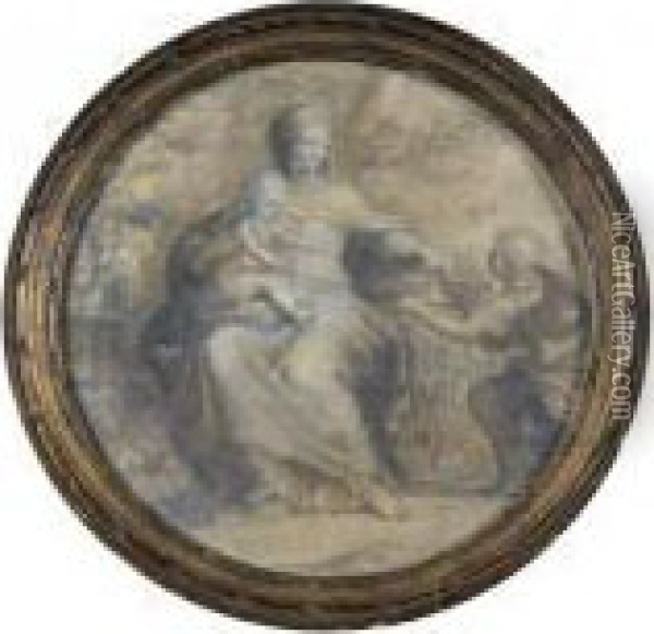 Vierge A L'enfant Dans Un Paysage, Un Ange Leur Offrant Une Corbeille De Fruits Oil Painting - Pietro Da Cortona (Barrettini)