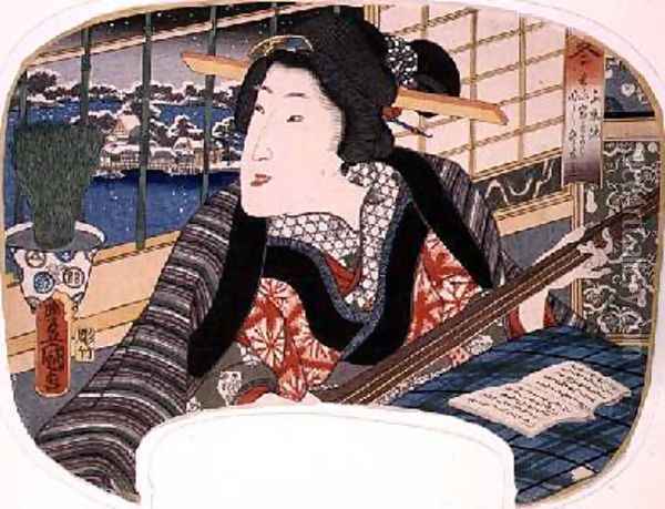 Winter Shinobazu Pond A geisha practicing a ballad design for a fan from a set of four illustrating the seasons Oil Painting - Utagawa Kunisada