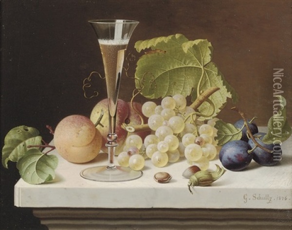 Grapes, Peaches, Plums, Nuts And A Glass Of Champagne On A Marble Ledge Oil Painting - Gottfried Schultz