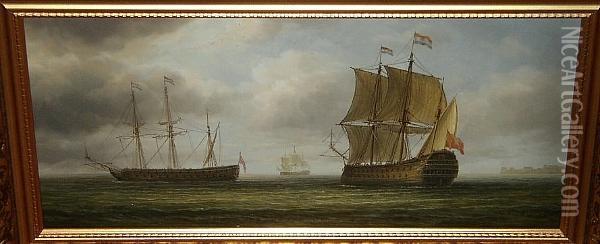 Two Views Of A Dutch Frigate, Signed 'janes Hardy' Oil Painting - James Hardy