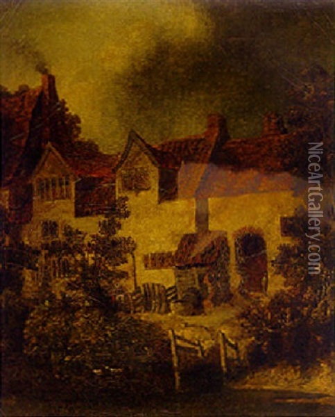Cottages On A Riverbank Oil Painting - John Crome the Elder