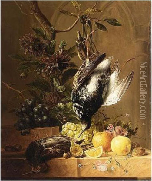 A Still Life Of Fruit, Flowers And Birds Oil Painting - Hendrik Reekers