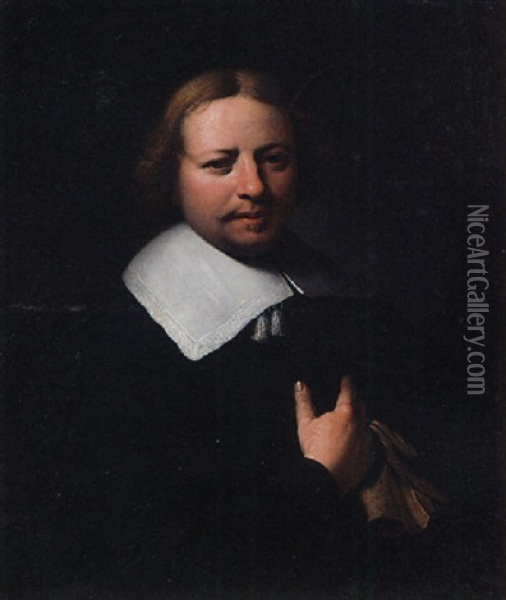 Portrait Of A Gentleman In A Black Costume With A White Collar, Holding A Glove Oil Painting - Ferdinand Bol