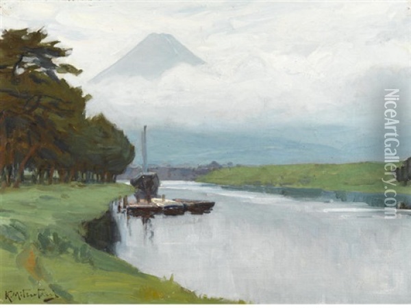 Lake Below Mount Fuji Oil Painting - Kunishiro Mitsutani