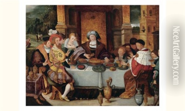 Scene De Banquet Oil Painting - Gaspar van den Hoecke