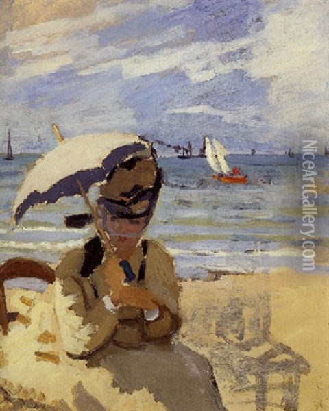 Camille Assise Sur La Plage A Trouville Oil Painting - Claude Monet