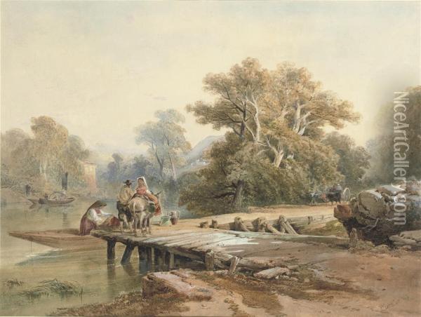 An Italianate Landscape With Figures On A Jetty By A River Oil Painting - Richard Principal Leitch