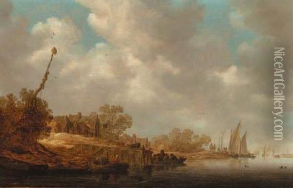 A River Landscape With Fishermen In Boats And A Ferry By A Villagejetty Oil Painting - Jan van Goyen