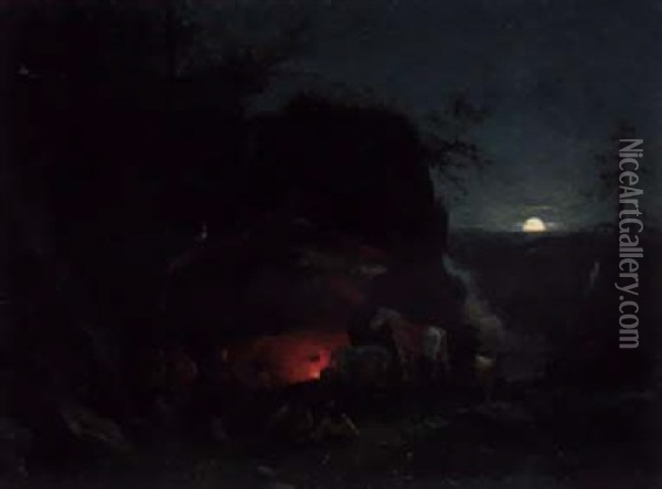 Travellers Resting Near In Moonlight Oil Painting - Wilhelm Zobus
