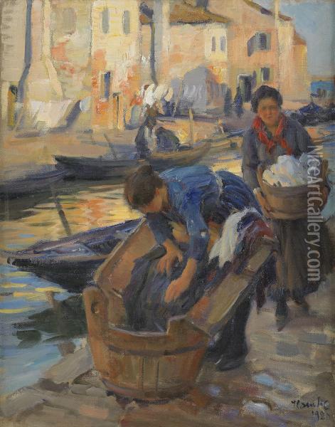 Tvatterskor Vid Kanalen - Venedig Oil Painting - Ivar Kamke