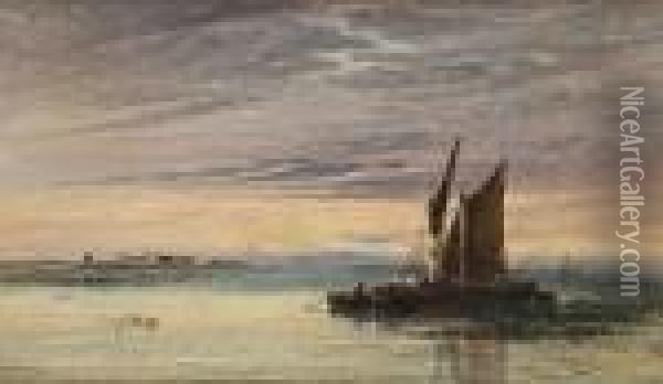 Fishing Boats In Shallow Waters At Sunset Oil Painting - Arthur Joseph Meadows