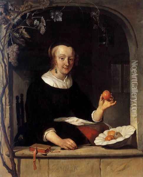 Lady Seated in a Window Oil Painting - Gabriel Metsu