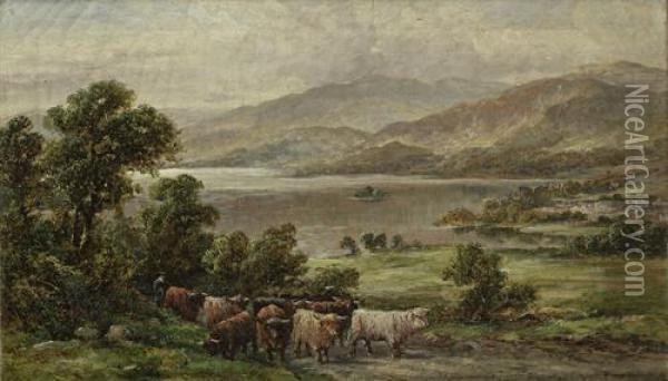 A Drover With Highland Cattle In Front Of A Loch; Highland Cattle In A Loch Oil Painting - William Langley