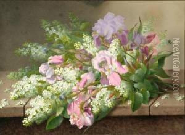 Still Life Of Flowers On A Stone Ledge Oil Painting - Paul De Longpre