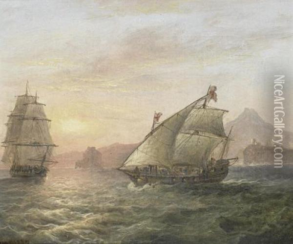 An Armed Leghorn Polacca Converging On A Frigate Off The Isle Of Ischia, Near Naples Oil Painting - Thomas Luny