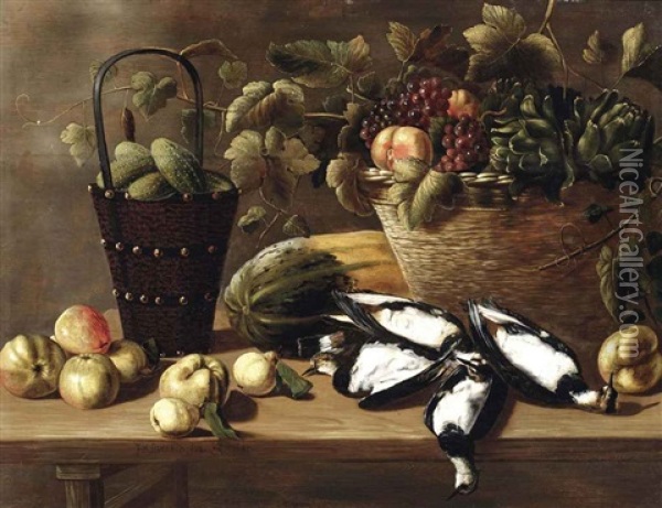Apples, Pears, A Melon, A Bucket With Gherkins And A Basket With Grapes, Peaches And Artichokes, All On A Wooden Table With Four Lapwings Oil Painting - Johannes Cuvenes