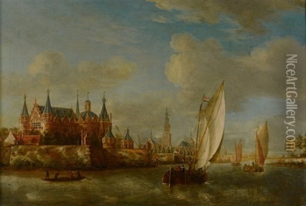 Paysage De Riviere Avec Un Chateau Sur La Gauche Et Des Navires Hollandais Quittant Le Port Oil Painting - Jacobus Storck