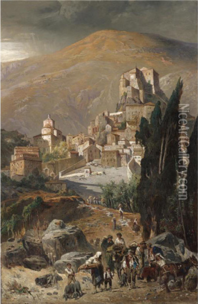 A View Of Rocca Sinibalda, Italy Oil Painting - Julius Jacobus Van De Sande Bakhuyzen
