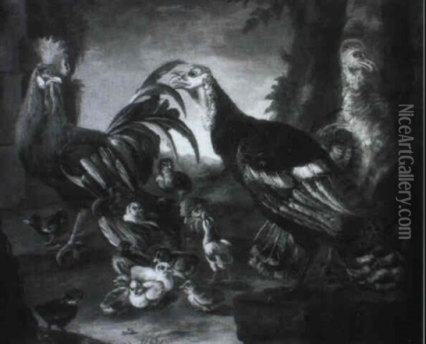 Huhnerpaar Und Auerhahnpaar Mit Kuken Oil Painting - Melchior de Hondecoeter