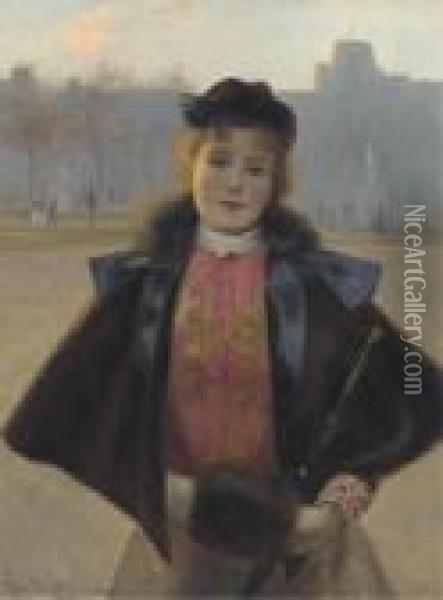 Portrait Of A Young Woman, Three
 Quarter Length, In A Winter Park With Fur Cape, Muff And Hat Oil Painting - Jean Beauduin