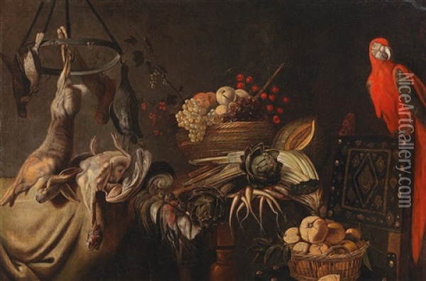 A Still Life Of Fruit And Vegetables With A Parrot And Shot Game Oil Painting - Adriaen van Utrecht
