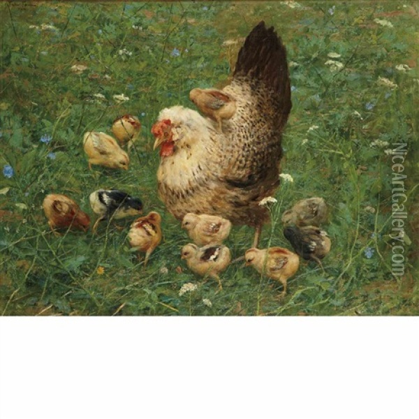 Hen And Chicks In A Field Oil Painting - Fabio Fabbi