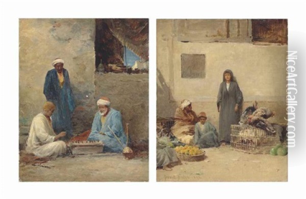 A Corner Of A Market Place, Cairo; And Arabs In A Courtyard Oil Painting - David Bates