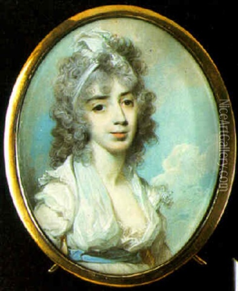 Mrs. Samuel Stephens In White Dress, White Turban In Her Powdered Hair Oil Painting - George Engleheart
