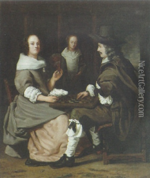 An Elegant Couple Playing Checkers In An Interior Oil Painting - Barend Graat