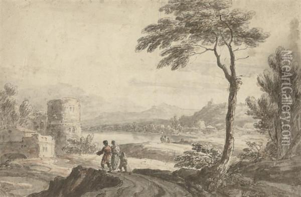 Travellers In A Landscape Oil Painting - Jean-Baptiste Claude Chatelain
