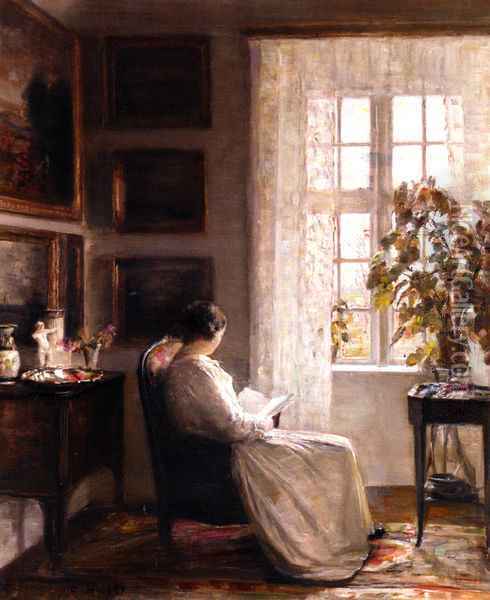 Reading in the Morning Light Oil Painting - Carl Vilhelm Holsoe