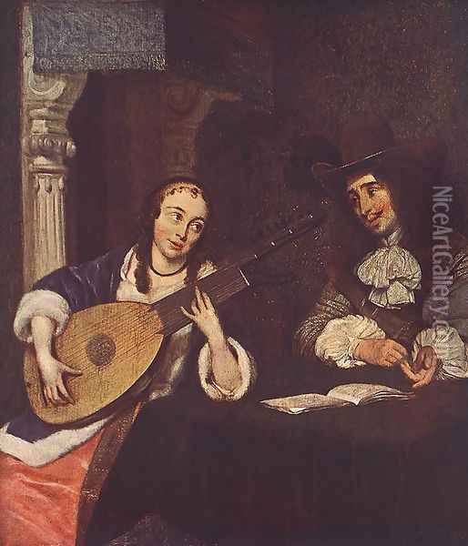 Woman Playing the Lute Oil Painting - Gerard Ter Borch