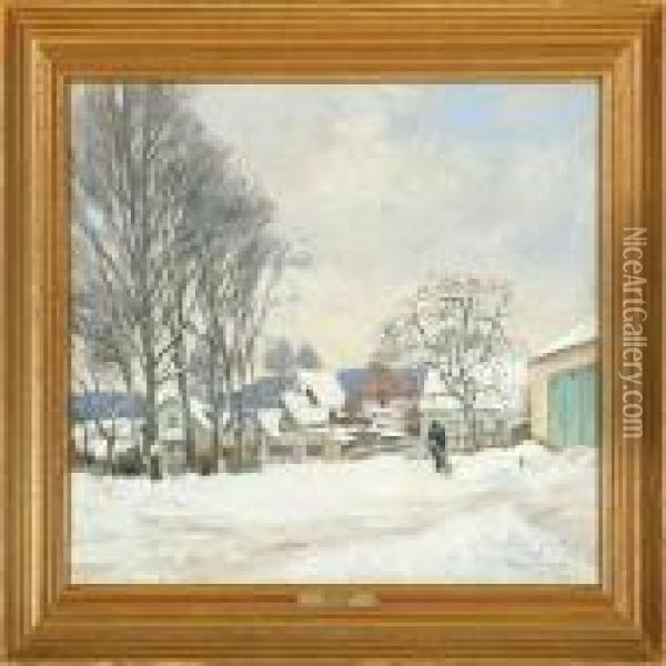 Winter Landscape With A Man Shovelling Snow Oil Painting - Olaf Viggo Peter Langer