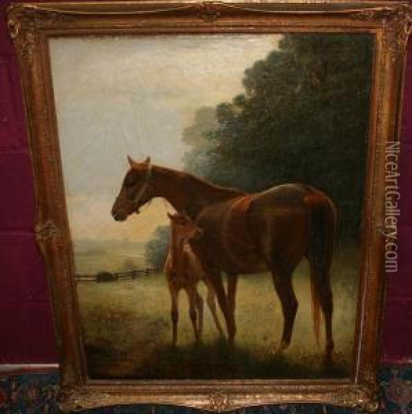 Mare And Foal In Landscape Oil Painting - Arthur Louis Townshend