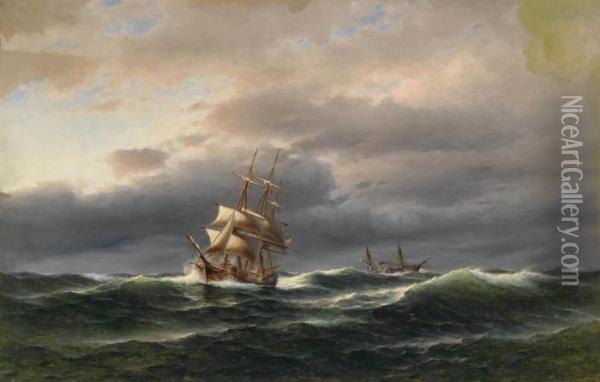 Ships In A Storm Oil Painting - Franz Johann (Wilhelm) Hunten
