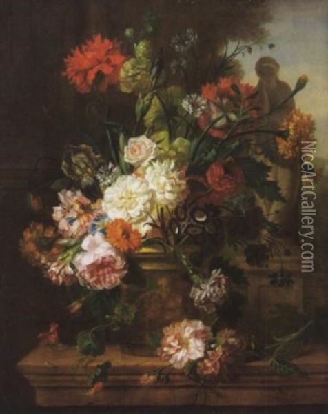 Blumenstuck In Steinvase Vor Parkausblick Oil Painting - Willem van Leen