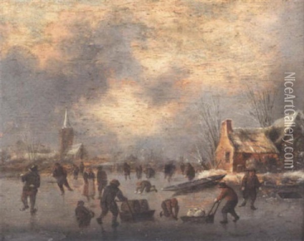 A Winter Landscape With Skaters On A Frozen River Oil Painting - Nicolaes Molenaer