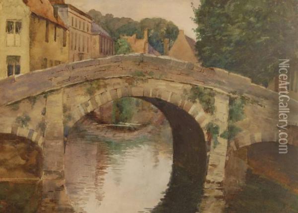 Old Stone Bridge Over A River Oil Painting - Oswald Garside