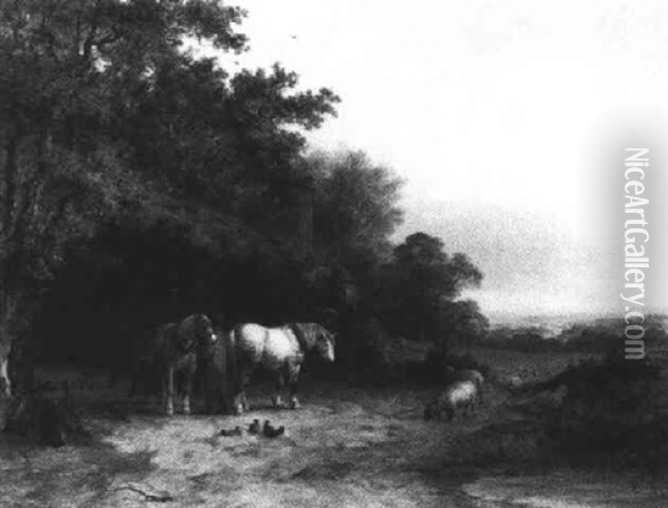 Farmer Preparing His Horses For The Day's Work Oil Painting - John Dearman