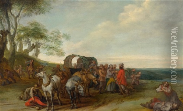 Flemish Landscape With Travellers Attacked By Robbers Oil Painting - Pieter Snayers