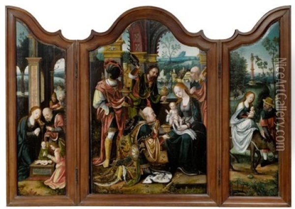 Anbetung Der Konige, Heilige Familie, Flucht Nach Agypten (triptych) Oil Painting - Pieter Coeck van Aelst the Younger