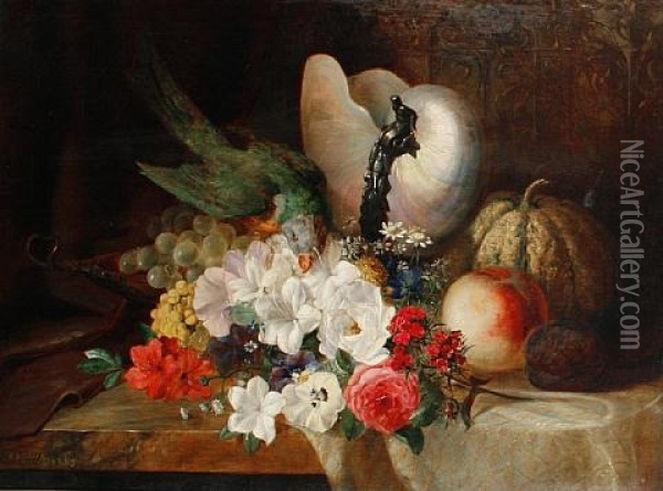 A Parrot On Fruit And Flowers With A Nautilus Shell Behind Oil Painting - Robert Thorne Waite
