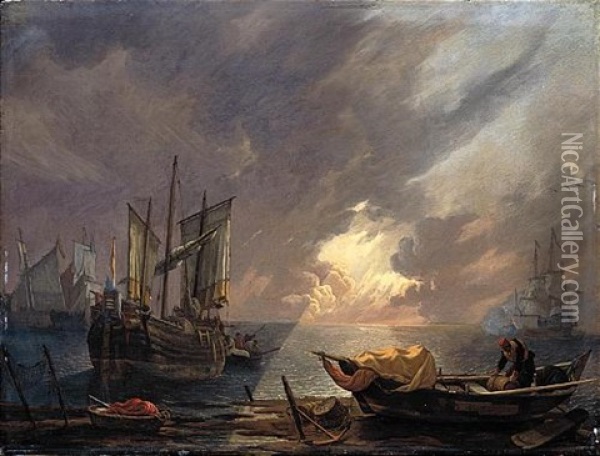 An Evening Coastal Scene With Sailors Unloading Their Cargo, A Man-o-war Firing A Salute In The Distance Oil Painting - Lieve Pietersz Verschuier