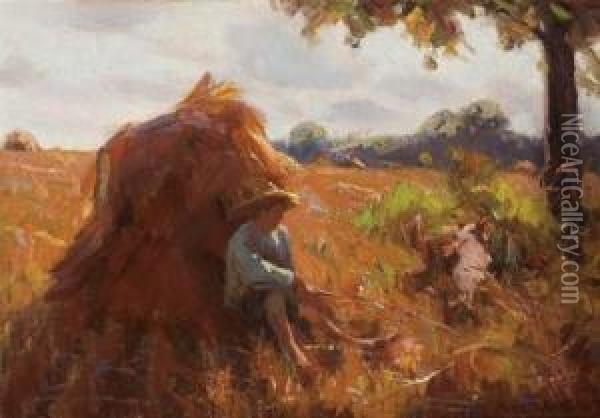 Haystack With Boy And A Dog Oil Painting - Paul Turner Sargent